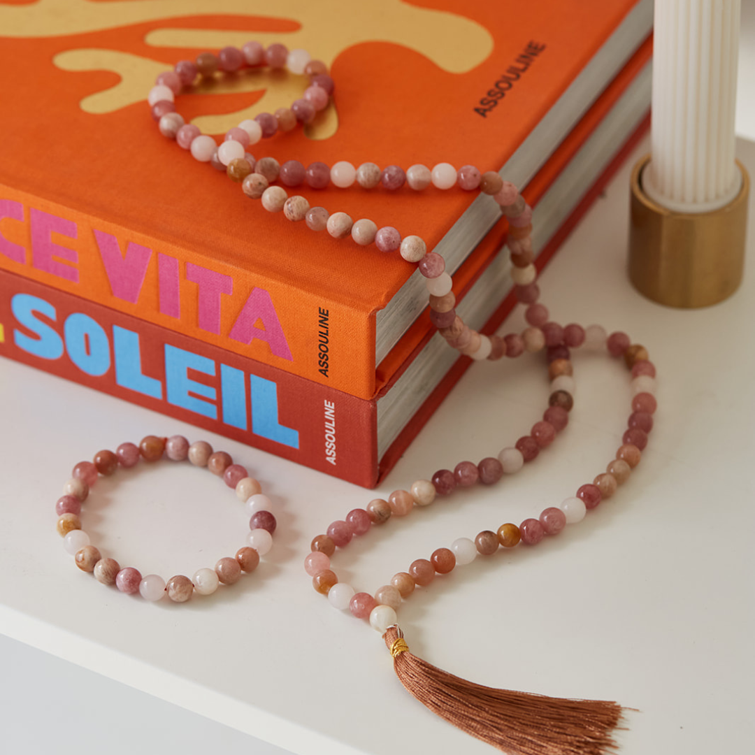 Ambarya natural peach moonstone mala bead bracelet and necklace set