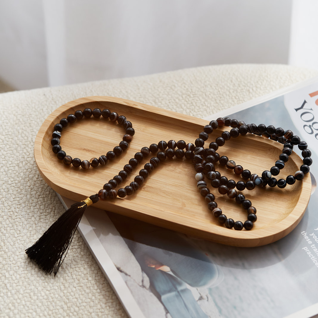 Ambarya Natural Black Agate Mala Bead Bracelet and Necklace Set