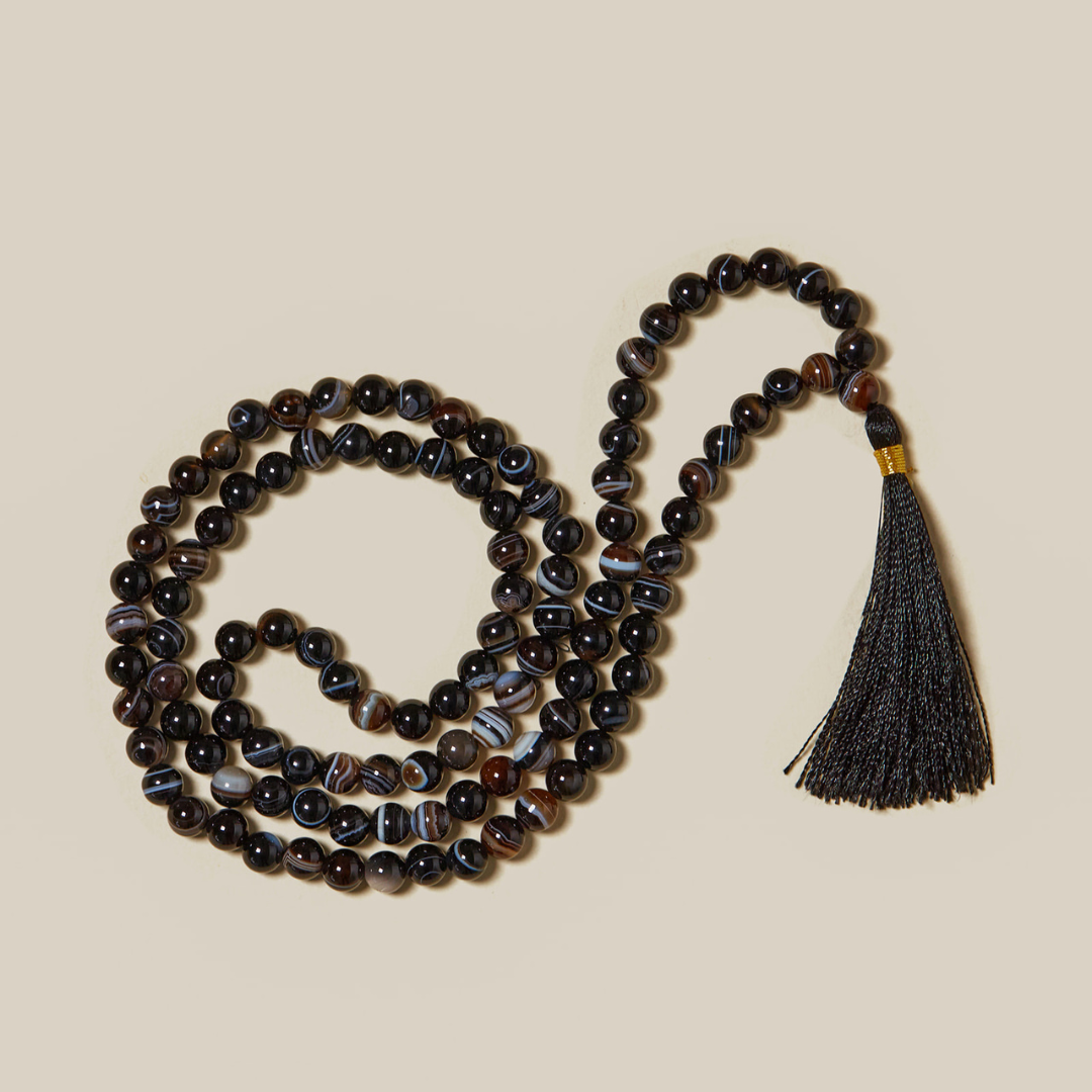 Ambarya Natural Black Agate Mala Bead  Necklace 