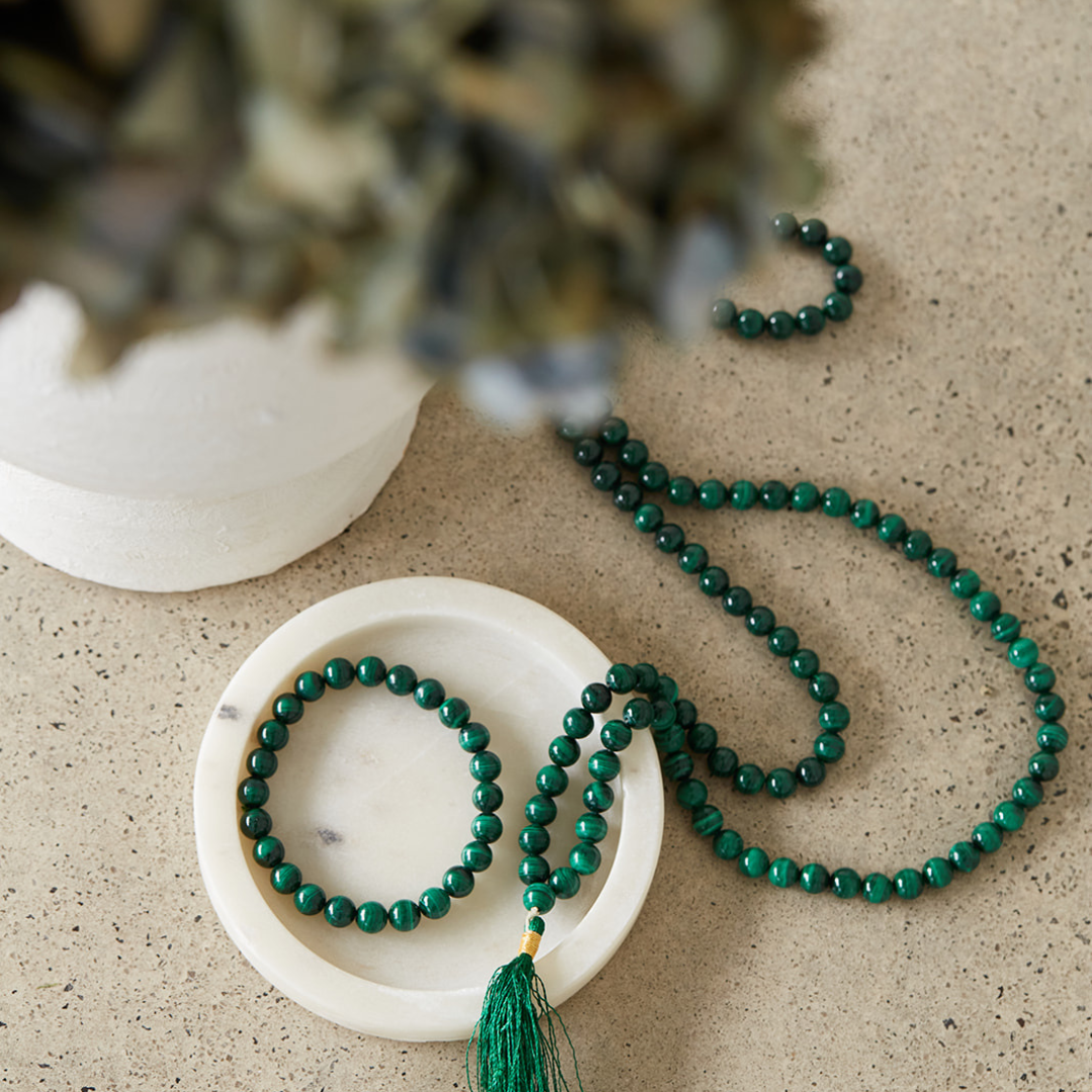 Ambarya natural malachite mala necklace and bracelet set