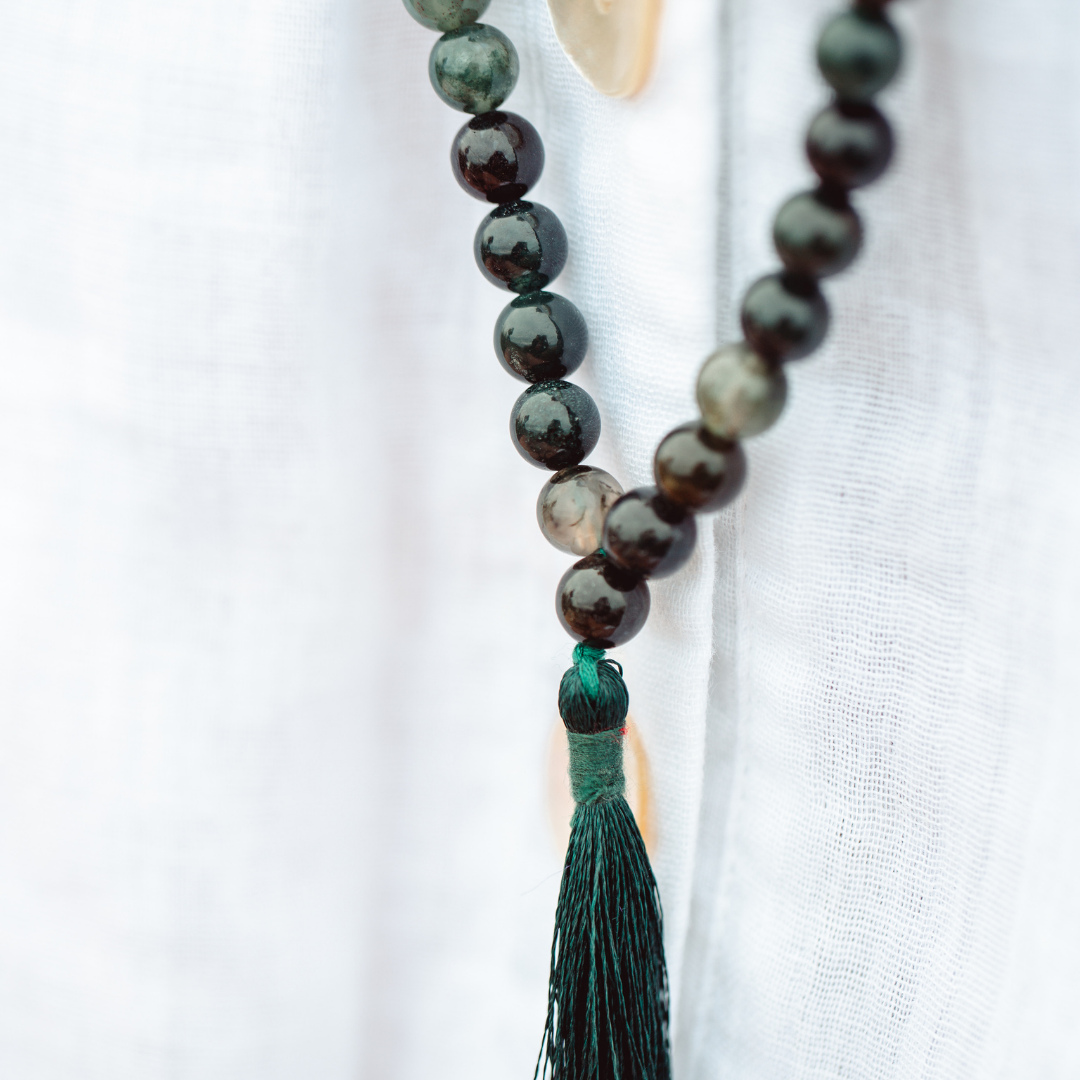 Close up of Moss Agate crystal Mala Beads