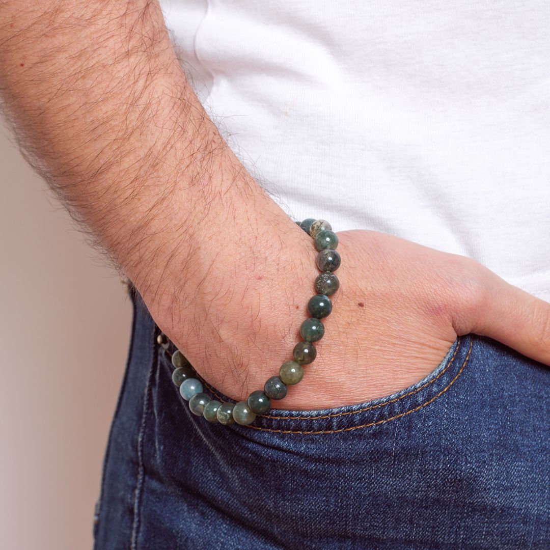 Man wearing Ambarya Support - Moss Agate Mala Bead Bracelet