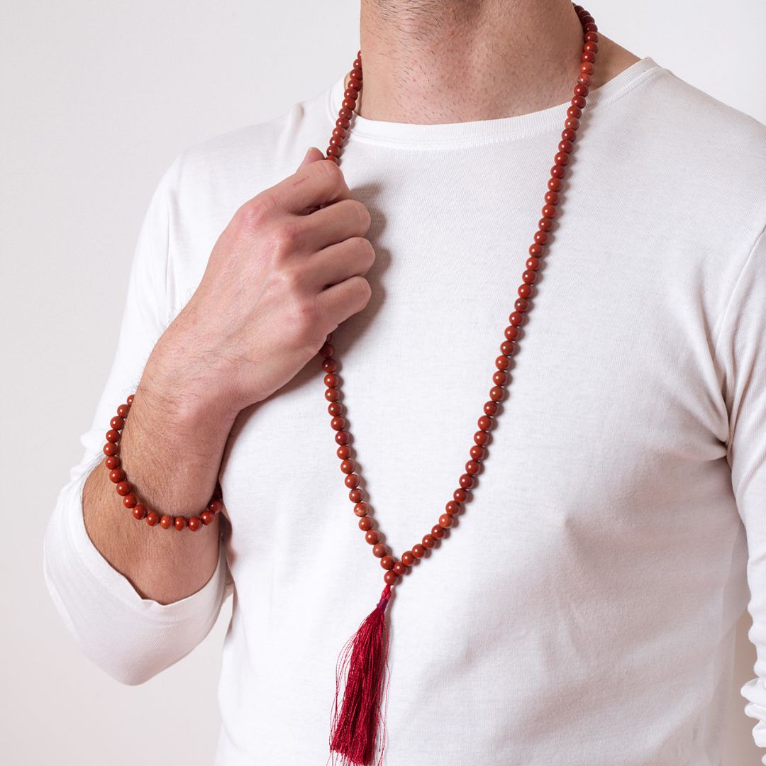 Man wearing Ambarya Grounding - Red Jasper Mala Bead Necklace and Bracelet Set