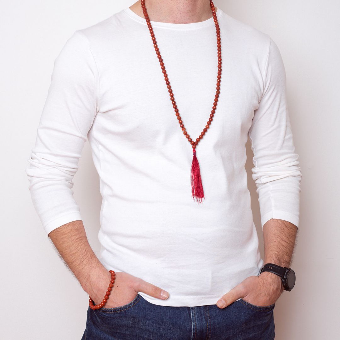 Man wearing Grounding - Red Jasper Mala Bead Necklace and Bracelet Set