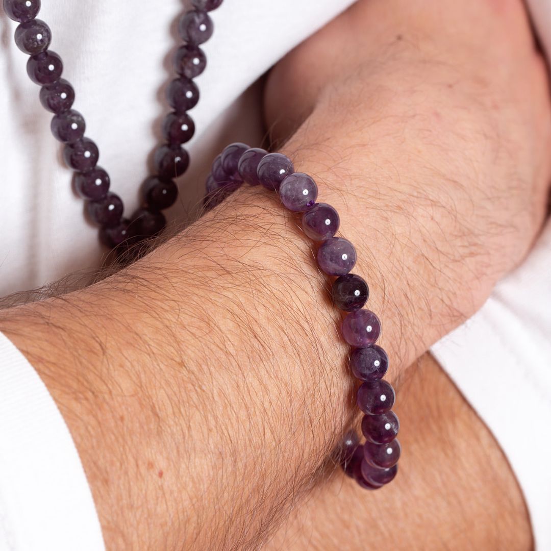 Man wearing Ambarya Calm - Amethyst Mala Bead Bracelet