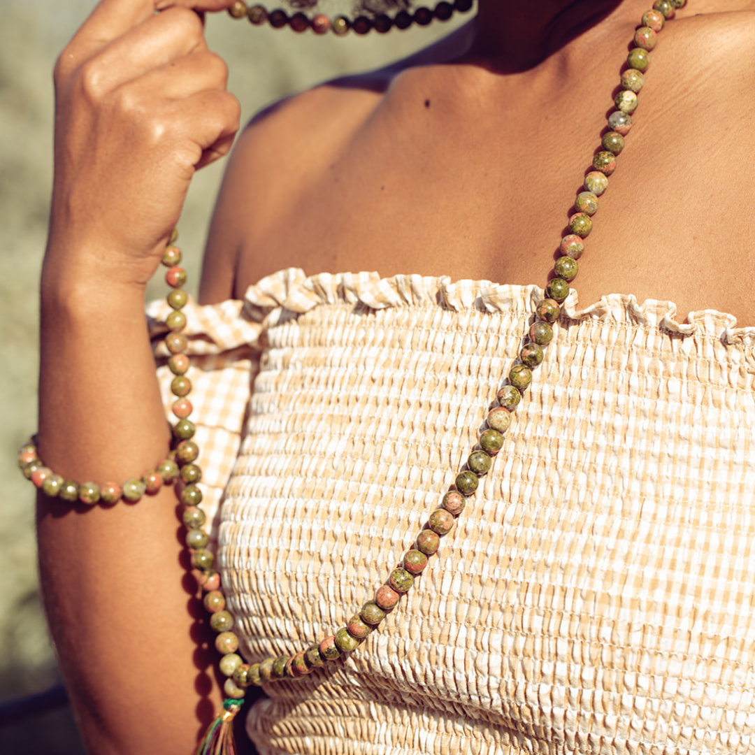 Close up of woman wearing Ambarya Harmony - Unakite mala bead set