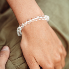 Close up of Clear Quartz crystal Mala Bead bracelet