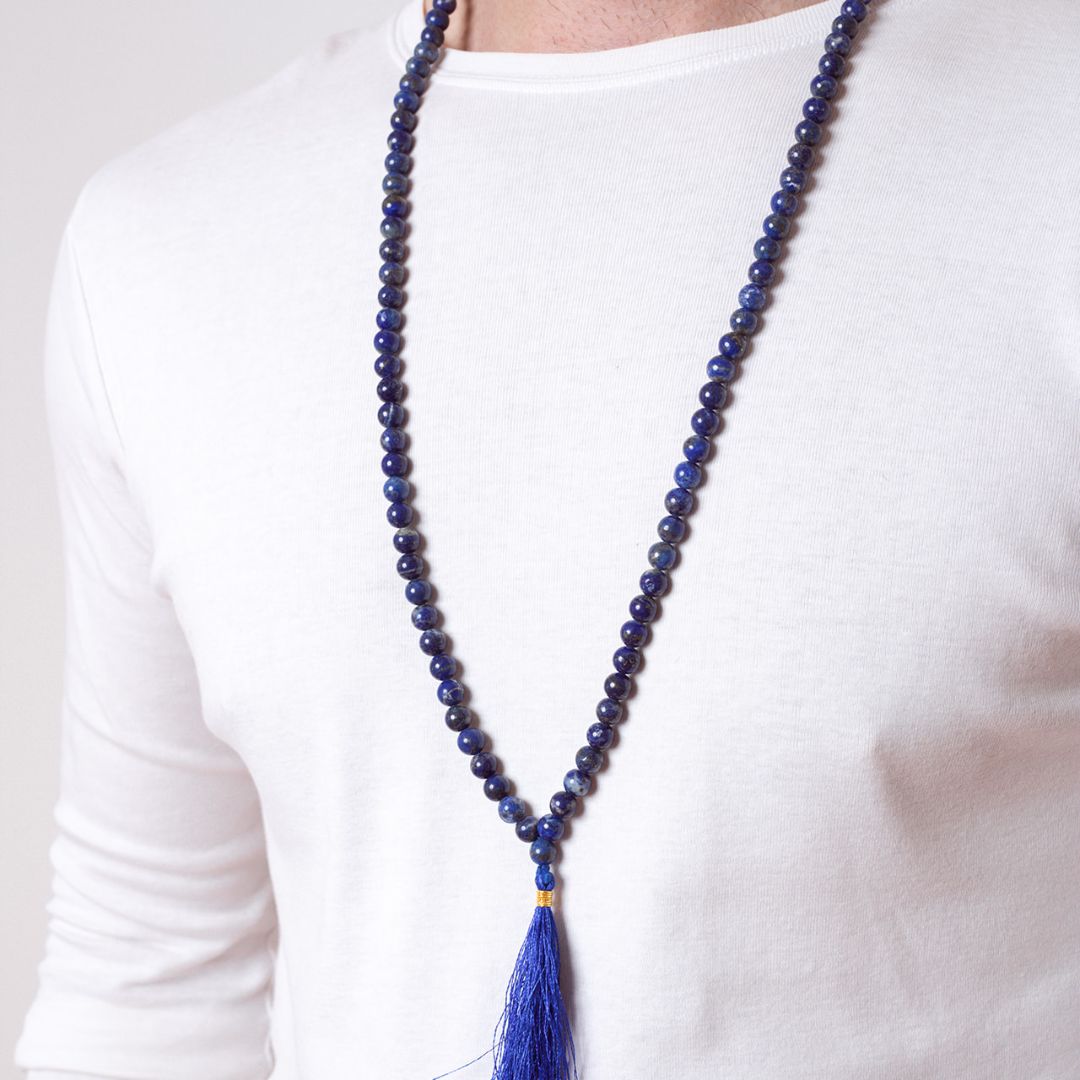Man wearing Ambarya Wisdom - Lapis Lazuli Mala Bead Necklace