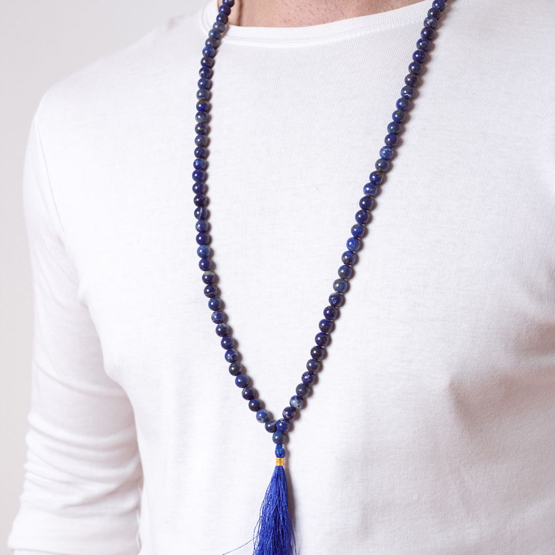 Man wearing Ambarya Wisdom - Lapis Lazuli Mala Bead Necklace 