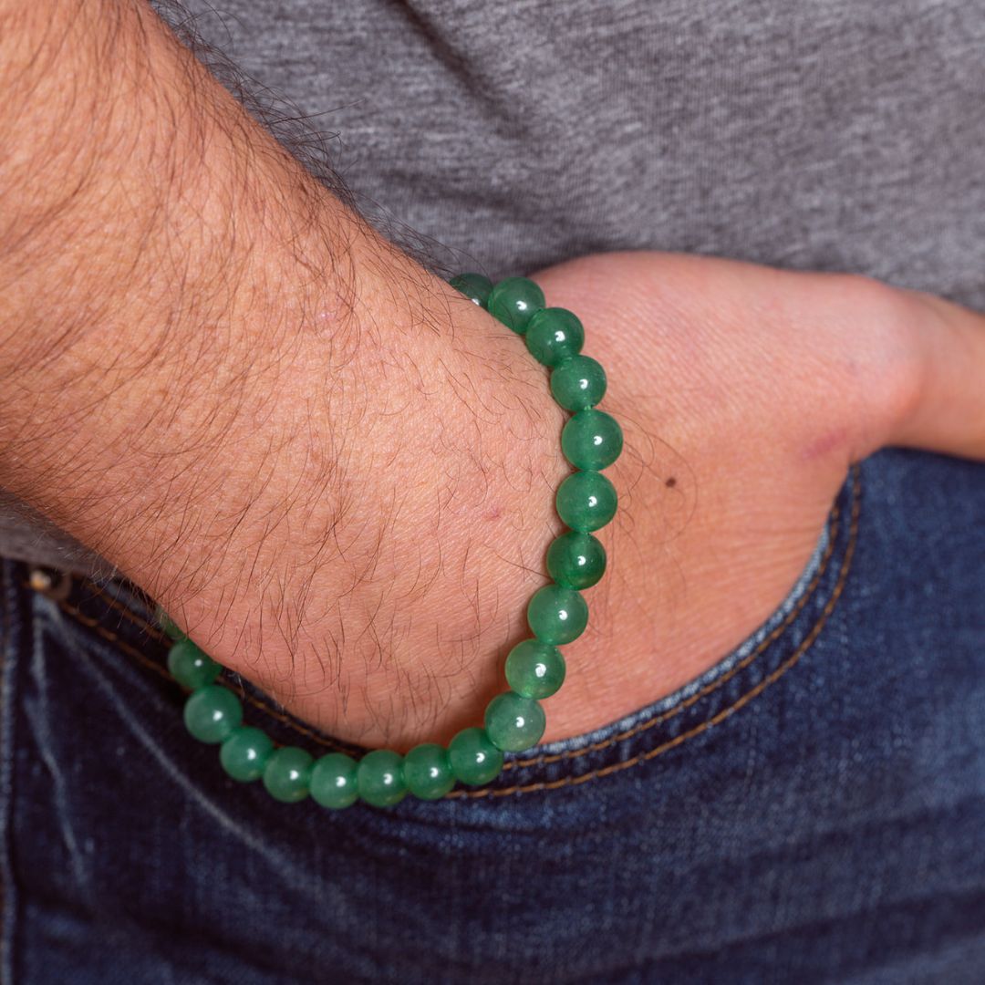 Man wearing Ambarya Good Luck - Green Aventurine crystalMala Bead Bracelet