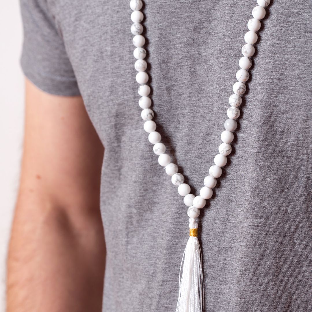 Man wearing Ambarya Patience - Howlite Mala Bead Necklace 