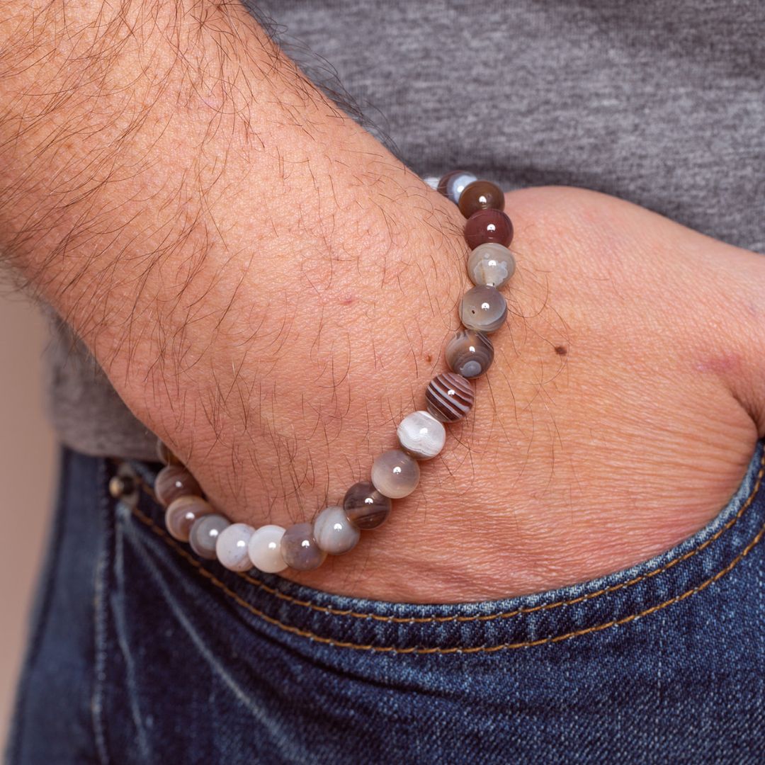 Man wearing Acceptance - Botswana Agate crystal Mala Bead Bracelet