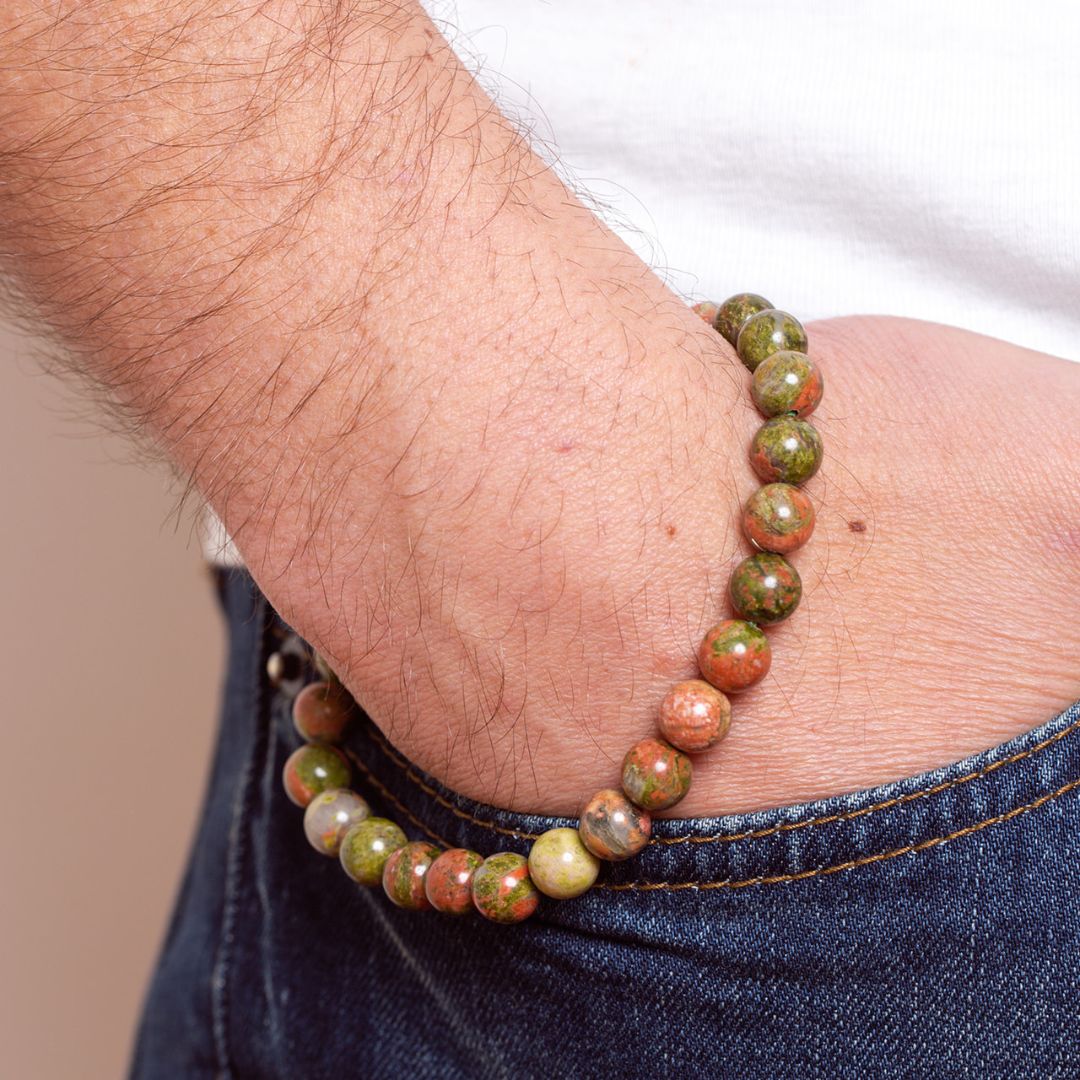 Man wearing Ambarya Harmony - Unakite Mala Bead Bracelet