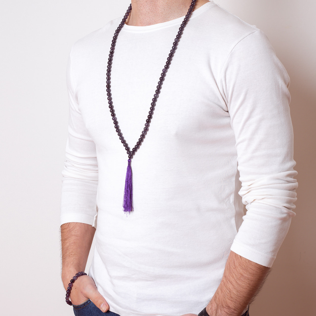 Man wearing Ambarya Calm - Amethyst crystal Mala Bead Necklace and Bracelet