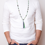 Man wearing Ambarya Clarity - Rainbow Fluorite crystal Mala Bead Necklace and Bracelet 