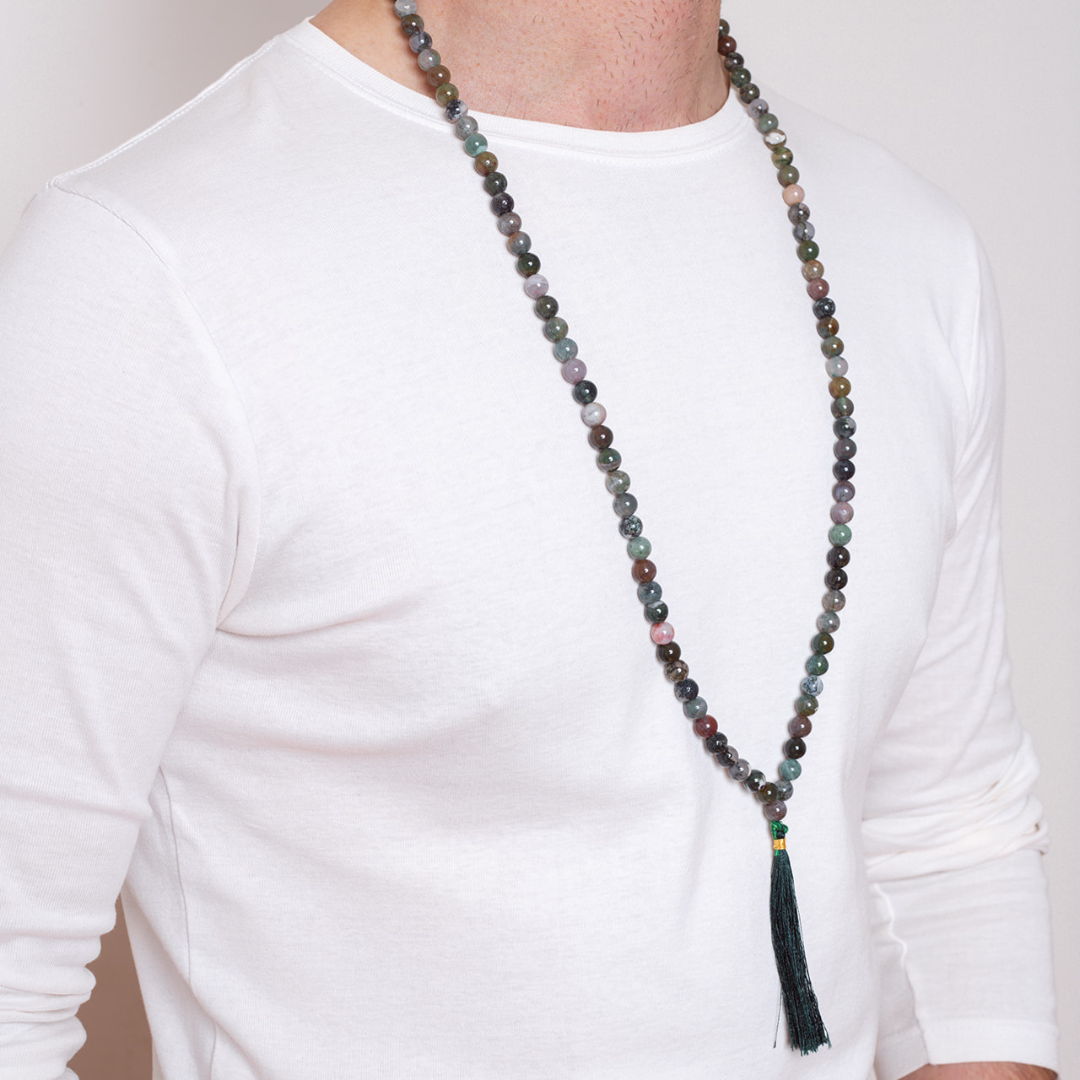 Man wearing Ambarya Good health - Bloodstone crystal Mala Bead Necklace