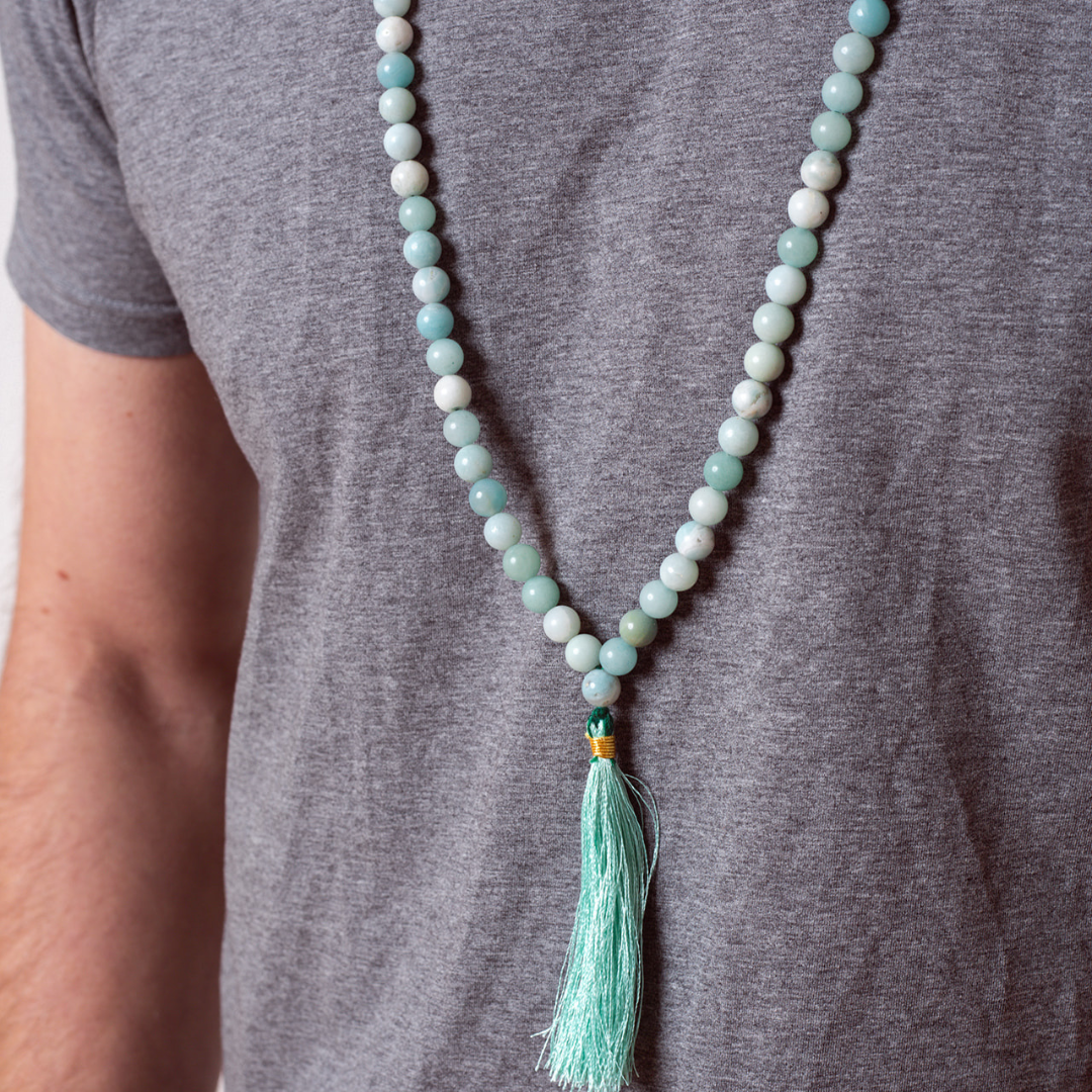 Man wearing Ambarya Loving Communication - Amazonite Mala Bead Necklace