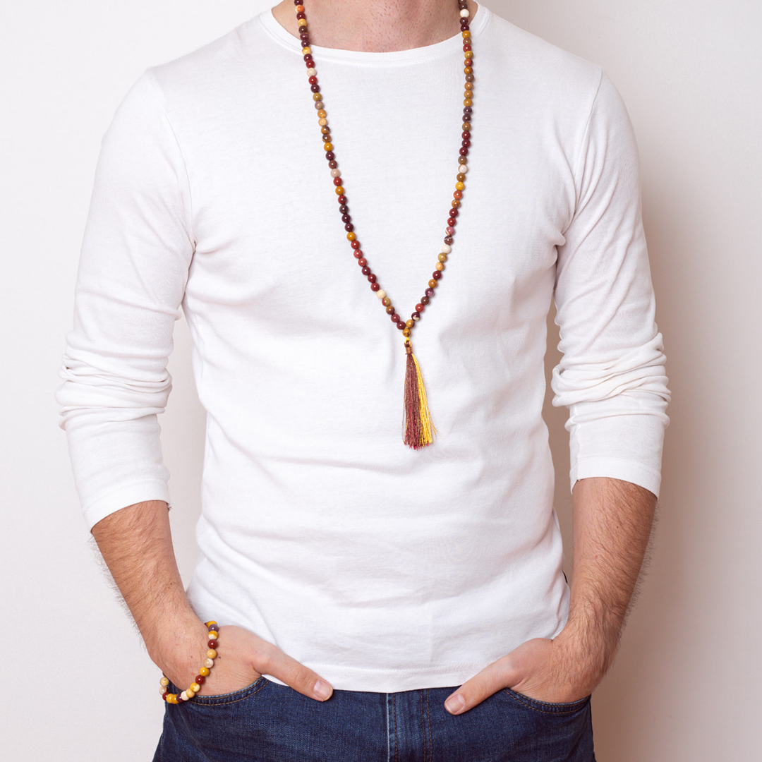 Man wearing Ambarya New Adventures - Mookaite Mala Bead Necklace