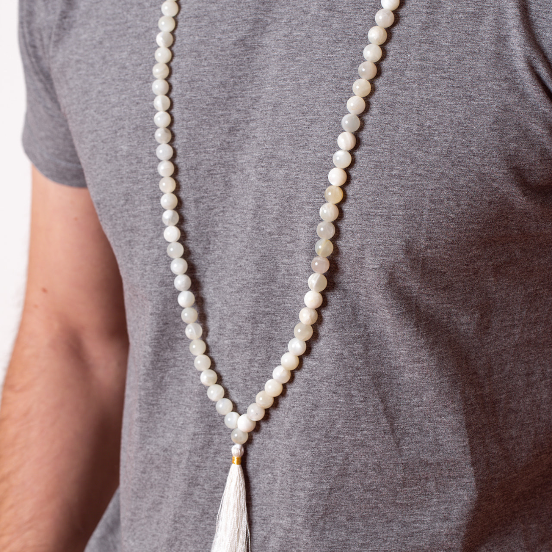 Man wearing Ambarya New Beginnings - Moonstone Mala Bead Necklace