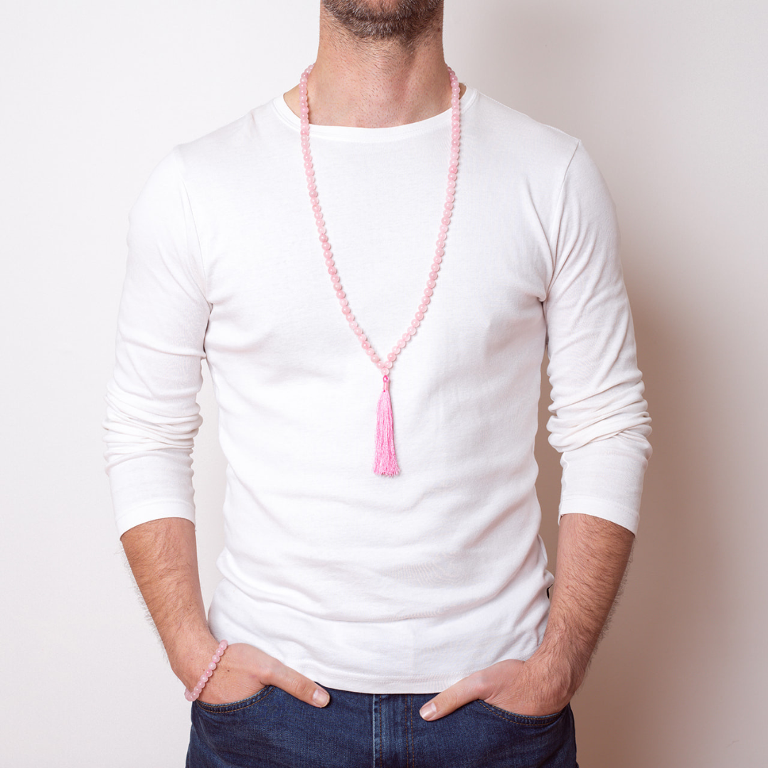 Man wearing Unconditional Love - Rose Quartz Mala Bead Necklace and Bracelet