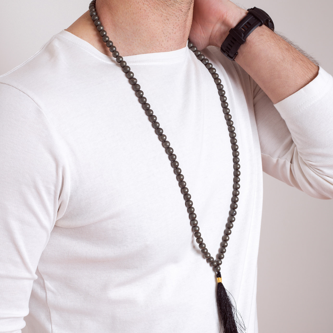 Man wearing Ambarya Willpower - Pyrite Mala Bead Necklace