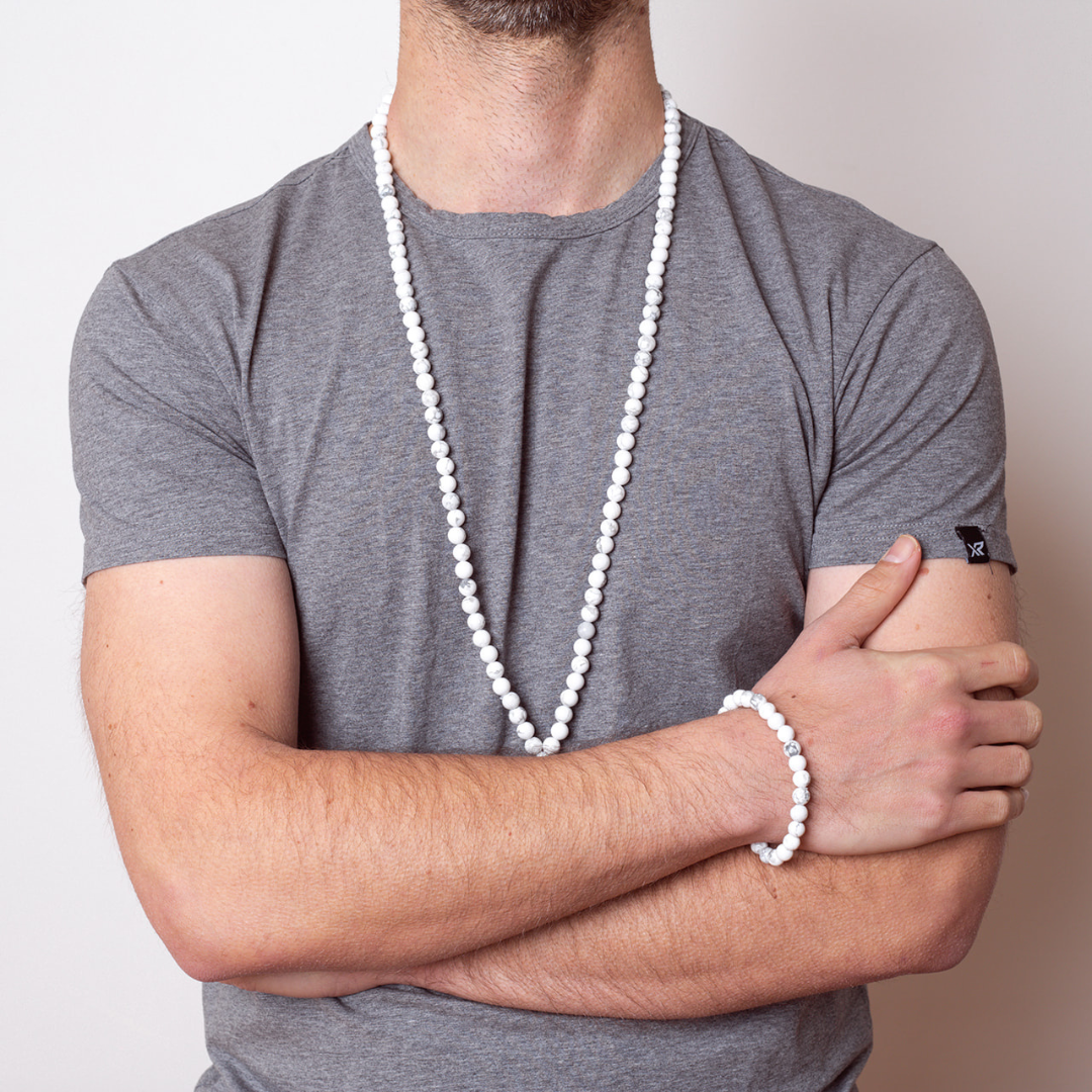 Man wearing Ambarya Patience - Howlite Mala Bead Necklace and Bracelet Set