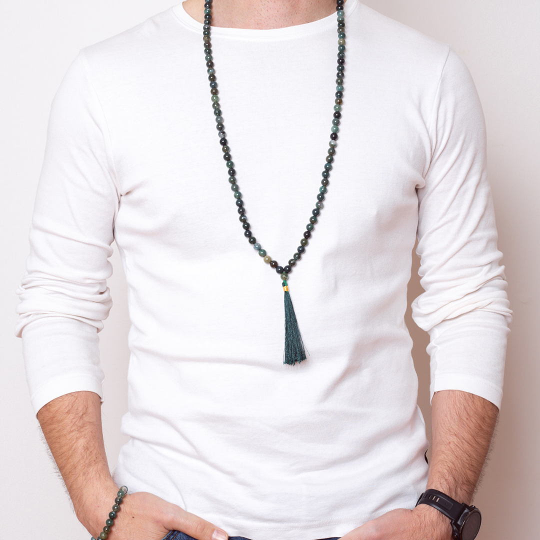 Man wearing Ambarya Support - Moss Agate Mala Bead Necklace