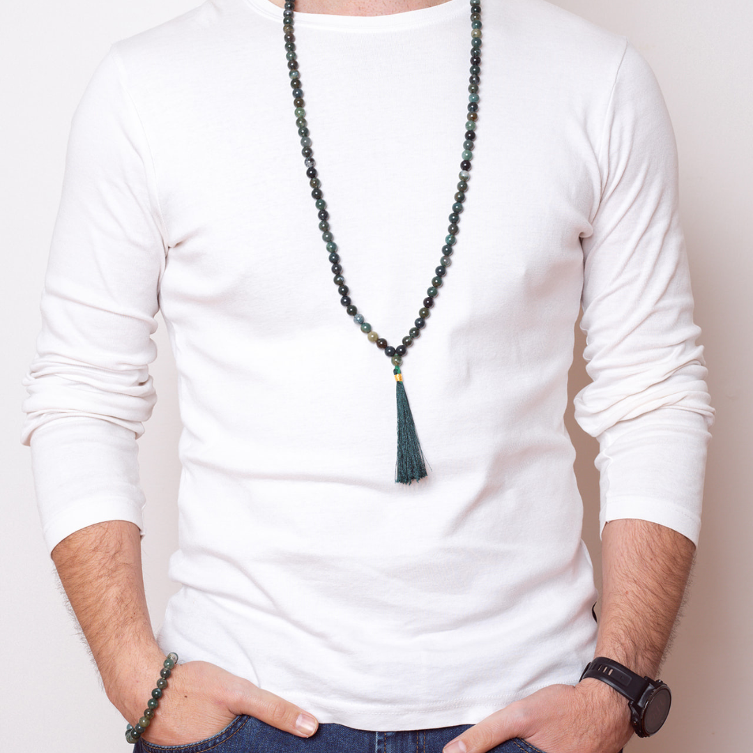 Man wearing Ambarya Support - Moss Agate Mala Bead Necklace and Bracelet Set